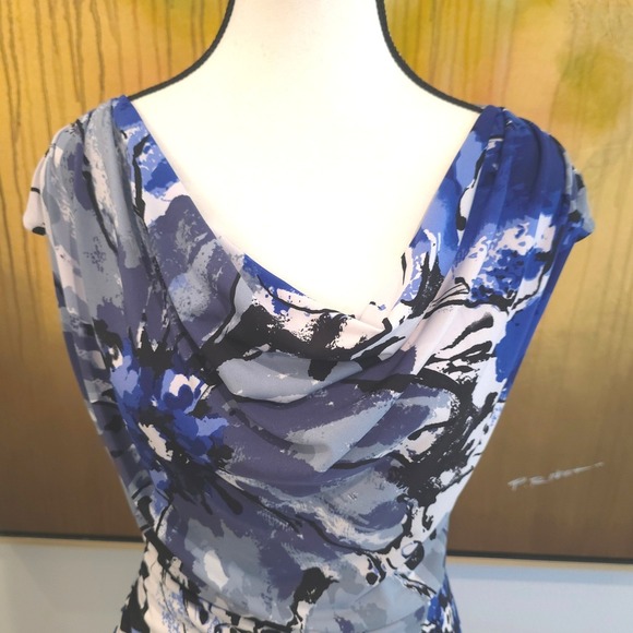 Ronni Nicole Floral Sheath Dress Size‎ 6 Cowl Neck Blue White Black Sleeveless - Picture 2 of 14